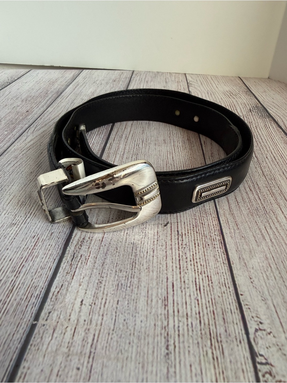 FOSSIL Palmer Black Leather Belt With Silver Design 38